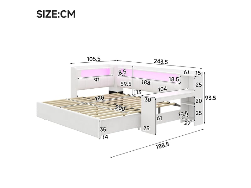  Lit de repos rembourré, 90x200 à 180x200 cm, avec ports usb et bande led, incluant lit gigogne et bureau, blanc  - Conforama C