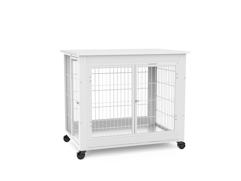  Cage d'intérieur style meuble 80x56x69,5 cm – blanche – 3 accès, toit ouvrant et roulettes verrouillables  - Conforama A