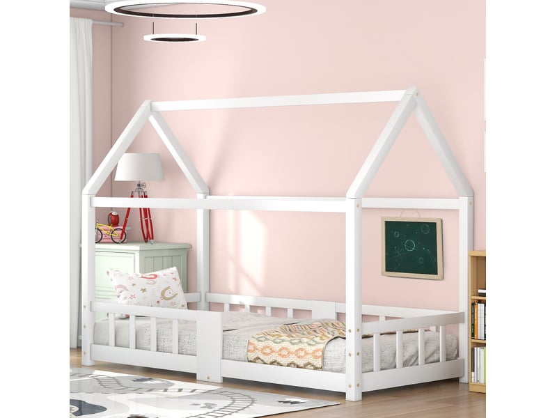  Lit cabane enfant 90 x 200 cm blanc avec sommier, barrières et tableau  - Conforama B