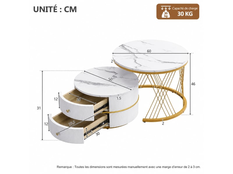 Tables basses gigognes effet marbre, 2 tables rondes avec 2 tiroirs, 60 et 50 cm, blanc - Conforama E