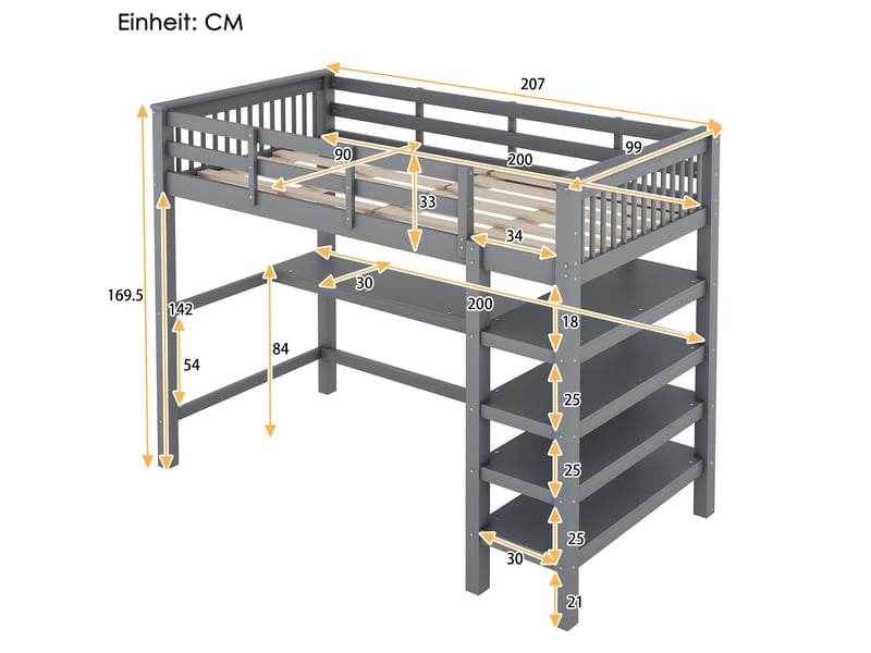  Modenvie lit mezzanine enfant 90x200 cm - avec bureau et étagères, sans matelas - gris  - Conforama C