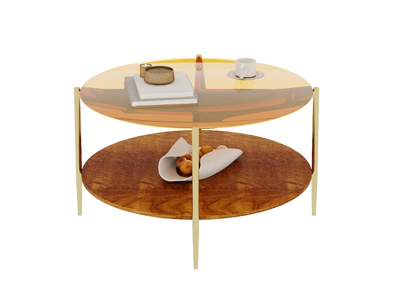  Table basse ronde dorée avec plateau en verre trempé et rangement ouvert en bois  - Conforama A