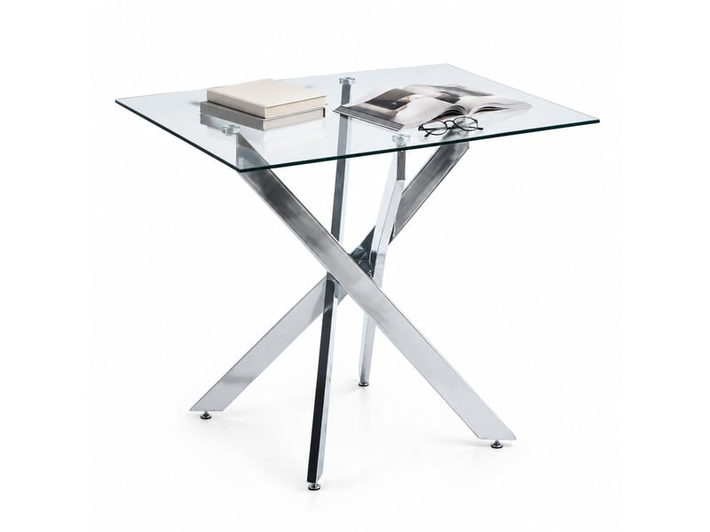  Table de salle à manger carrée avec plateau en verre, pieds métal croisés et style moderne, 80 × 80 × 75 cm, argent  - Conforama A