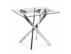 Table de salle à manger carrée avec plateau en verre, pieds métal croisés et style moderne, 80 × 80 × 75 cm, argent