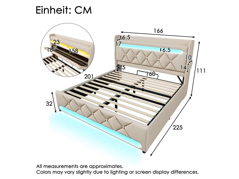  Lit double 160 x 200 cm beige en lin avec rangement hydraulique, led, ports usbusb-c et matelas  - Conforama E