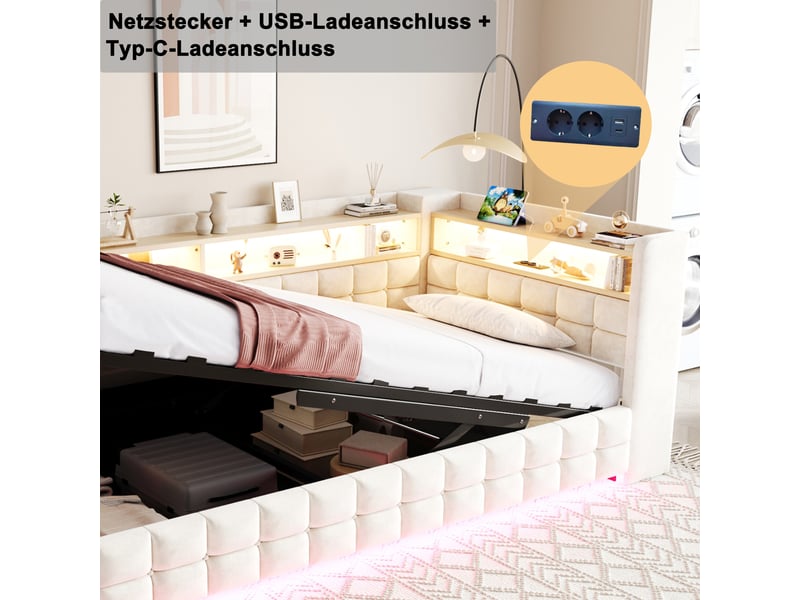 Lit canapé velours beige 90x200 cm avec rangement hydraulique, led, usb et étagère - Conforama D