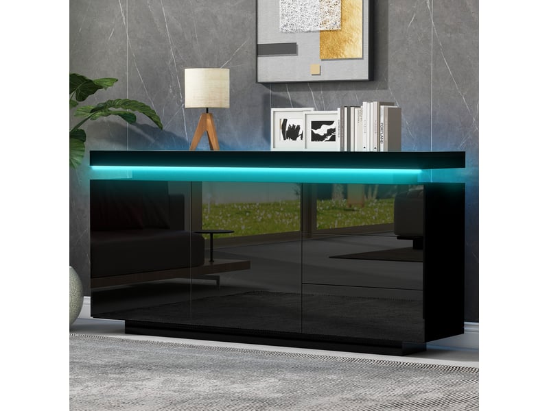  Buffet bas noir brillant avec led, 2 portes et 3 tiroirs - 140 x 35 x 72,5 cm  - Conforama B