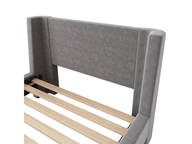  Lit jeune 90x200 cm design traîneau, métal et velours, gris, sans matelas  - Conforama E