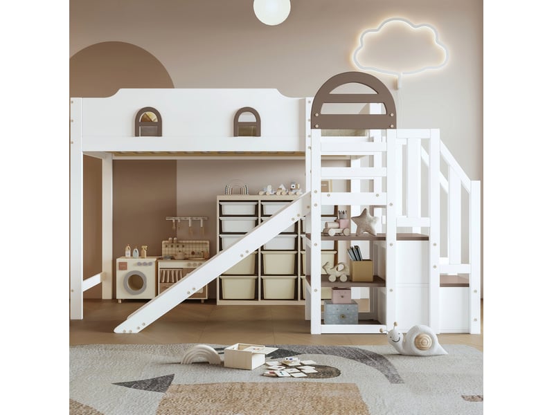  Modenvie lit superposé enfant 90x200 cm - avec toboggan, escalier avec 2 rangements, sans matelas - blanc  - Conforama D