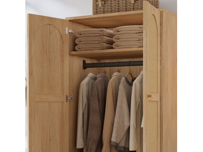  Armoire 80x50x180 cm avec 2 portes et 2 tiroirs, une penderie, design rotin en mdf couleur naturel, design moderne  - Conforama E