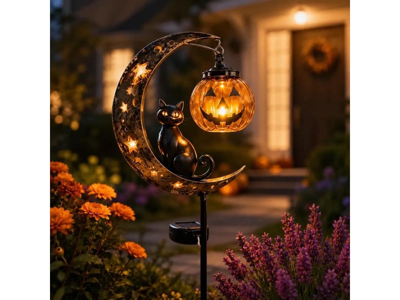  Lampe solaire de jardin halloween avec chat noir, citrouille et lune, piquet lumineux led étanche en métal pour pelouse, allée et terrasse  - Conforama B