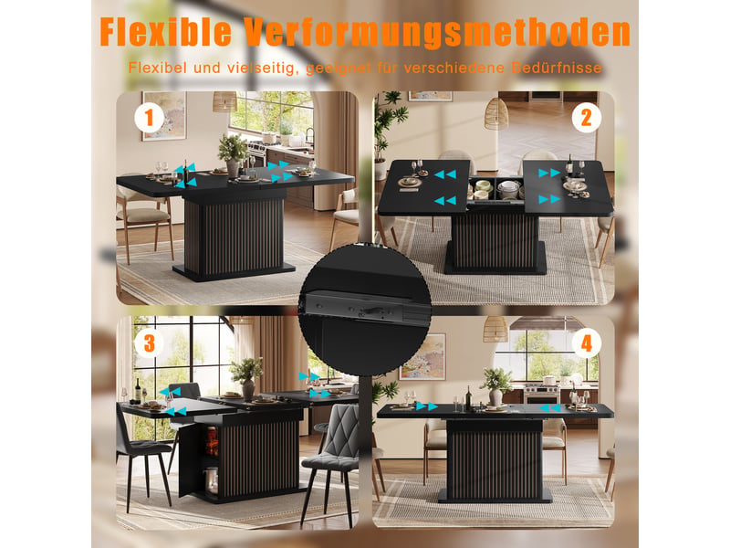  Table extensible avec rangement caché, portes sans poignées et étagères latérales pour salle à manger en mdf noir  - Conforama E