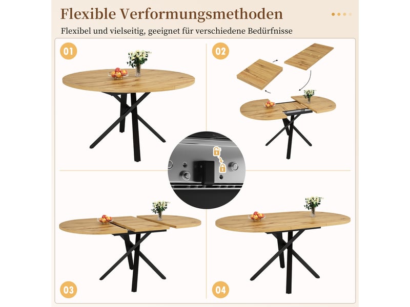  Table à manger extensible effet bois 100-140cm, ronde à ovale, piètement métal en x stable et pieds réglables  - Conforama D