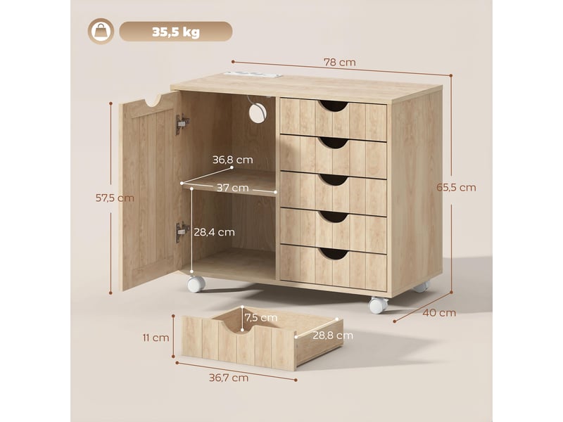  Meuble pour imprimante avec station de charge et roulettes, 5 tiroirs, ports usb, étagère réglable, naturel  - Conforama D