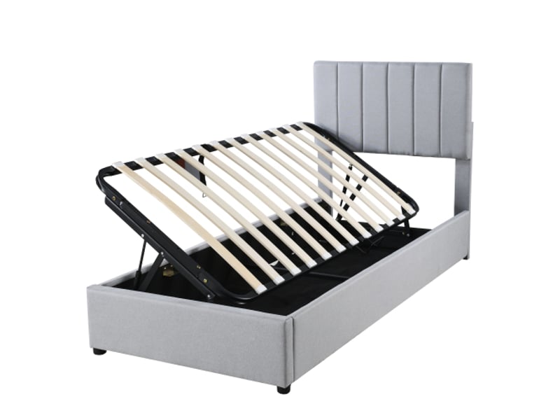  Lit coffre 90x200 cm, lit enfant avec espace de rangement hydraulique, tissu en lin, gris, sans matelas  - Conforama A
