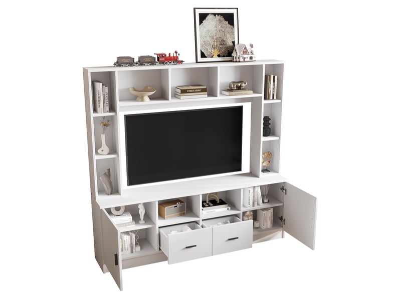 Ensemble meuble tv 180x35x170 cm blanc en panneaux de particules, 2 placards, 2 tiroirs et 11 niches - Conforama A