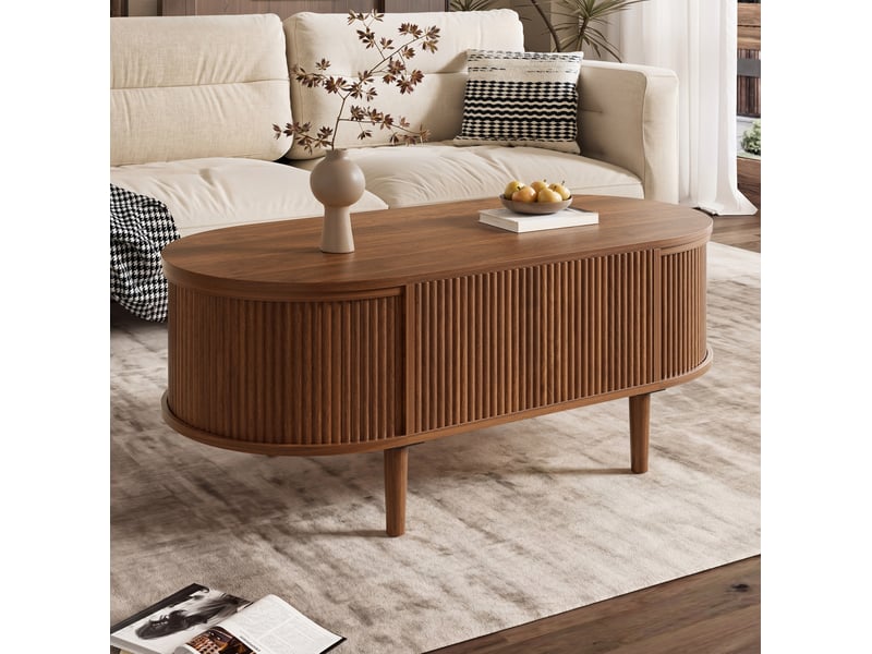  Table basse ovale relevable 100x48x54,5 cm coloris noyer avec rangement  - Conforama D