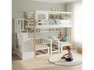 Lit superposé blanc et naturel 90×200 cm, pin, mdf, contreplaqué, table réglable, bibliothèque et escalier-rangement