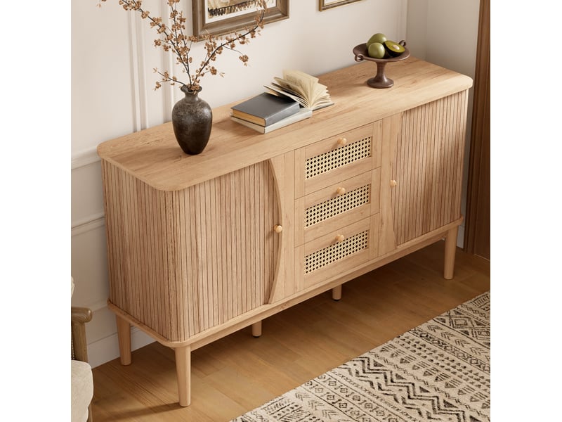  Buffet 141x40x77 cm avec 2 portes coulissantes et 3 tiroirs en mdf couleur naturel, design simple  - Conforama D