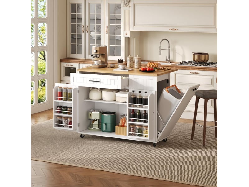  Îlot de cuisine mobile 130 x 70 x 93 cm, plateau rabattable, mdf blanc  - Conforama D