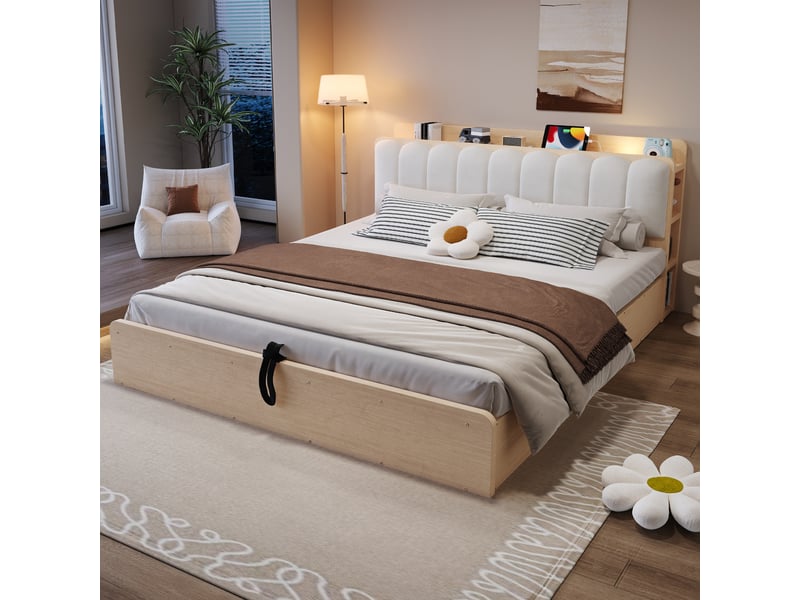  Lit coffre 180x200 cm, lit double, rangement hydraulique, étagères, port usb, tête de lit rembourrée, bois naturel, veilleuse  - Conforama W