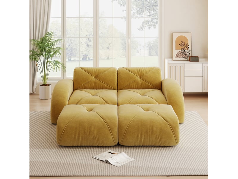  Canapé modulable 2 places avec 2 poufs en chenille jaune  - Conforama D