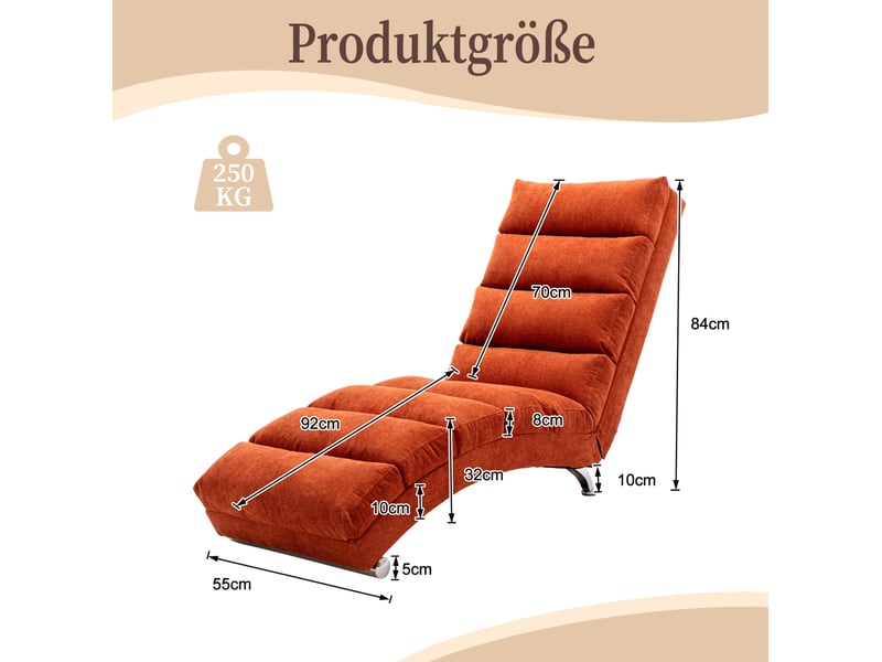  Fauteuil de relaxation massage fixe 148x55x84 cm, vibration douce, tissu lin, pieds métal chromé, orange  - Conforama C