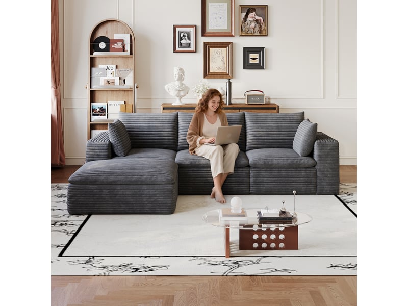 Grand canapé nuage 260 cm en velours côtelé gris foncé, déhoussable et sans montage pour salon et appartement - Conforama D