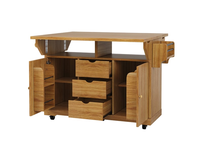  Desserte de cuisine 142,5 x 80 x 95 cm marron foncé mdf, plateaux rabattables et roulettes freinées  - Conforama D