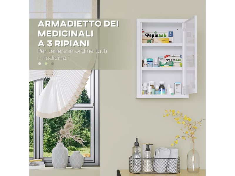  Armadietto medicinali a 3 ripiani con serratura e 2 chiavi, in acciaio, 30x14x46 cm, bianco  - Conforama E
