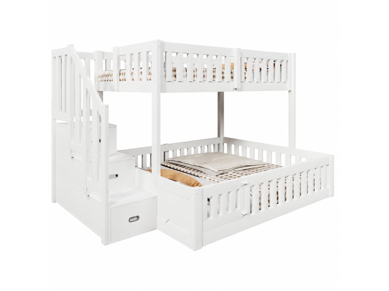  Lit superposé 90x200 et 140x200 cm, blanc, bas de 130 cm, avec échelle et rangement  - Conforama A