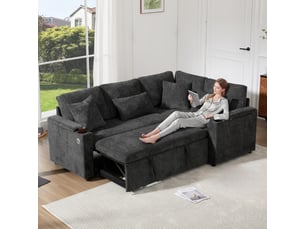 Canapé d’angle convertible l 45 places 206,5x141x86 cm avec coffre de rangement, fonction lit, méridienne fixe droite, porte-gobelets, usb, étagères d’accoudoirs, coussins - gris
