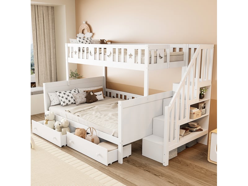  Lit superposé enfant 90x200 et 140x200 cm, avec échelle sécurisée, grands tiroirs, mdf et bois pin, blanc, sans matelas  - Conforama D