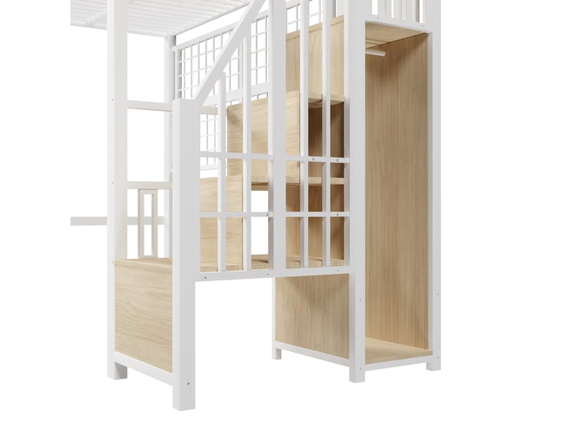  Lit mezzanine 90 × 200 cm, escalier de rangement, penderie ouverte, grille métallique arrière, led, métal et mdf, blanc  - Conforama E