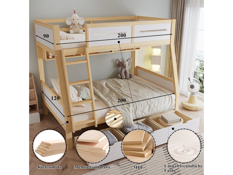  Lit superposé 90120x200 cm avec trois tiroirs, lit enfant avec étagère à livres de 2 m, cadre de lit en pin, blanc + naturel  - Conforama W