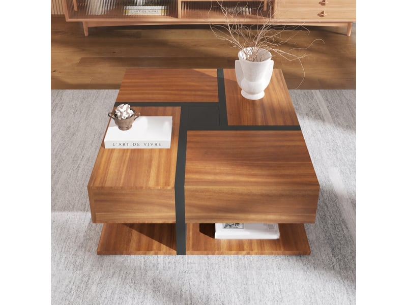  Table basse carrée noire et effet bois avec 4 tiroirs et étagère inférieure, 78 x 78 x 36 cm  - Conforama D