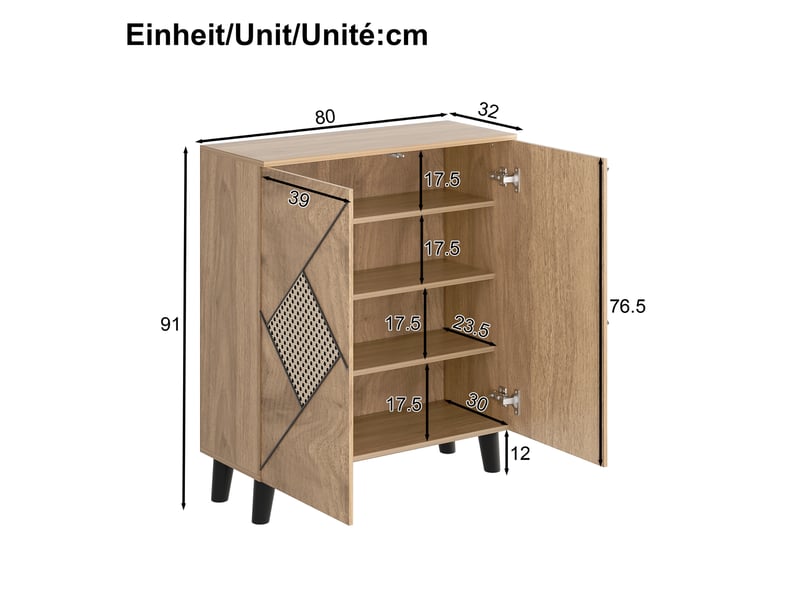  Meuble à chaussures compact 80x32x91 cm, idéal pour petits espaces, armoire de couloir avec portes battantes et compartiments de rangement multiples, finition bois naturel  - Conforama C