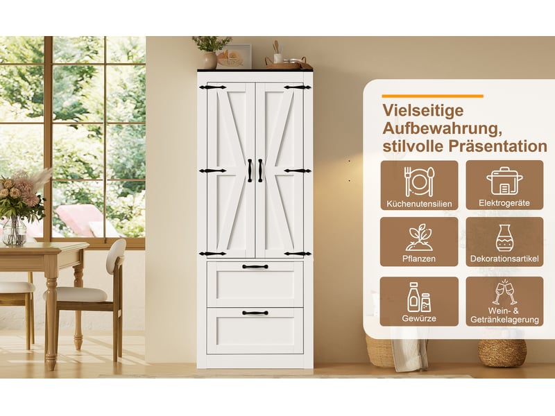  Buffet de cuisine haut blanc 60x30x168 cm, 2 portes et 2 tiroirs intégrés, meuble rangement cuisine  - Conforama W