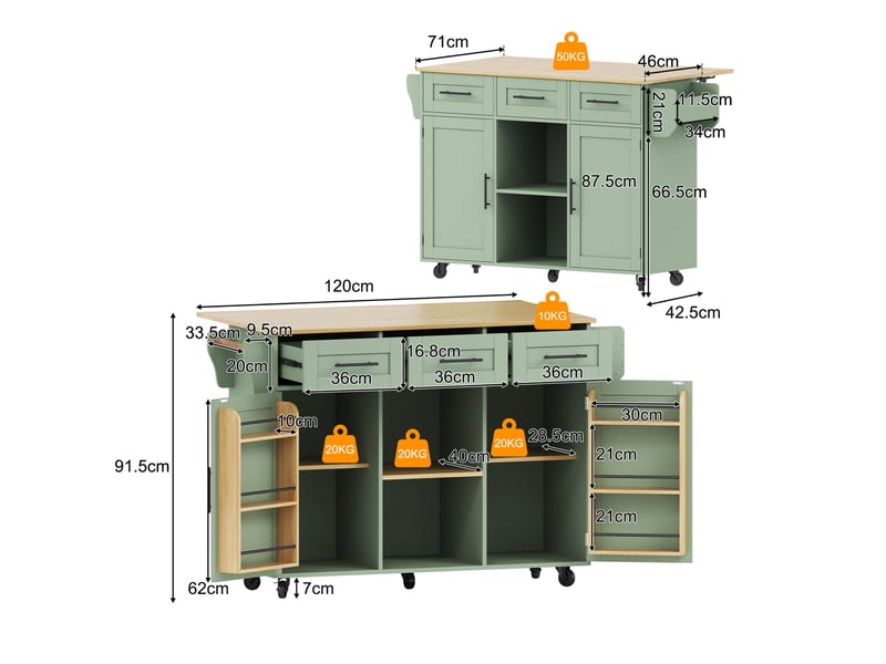  Desserte de cuisine 139x46-71x91,5 cm vert antique en mdf, plateau rabattable, roulettes et rangement  - Conforama C