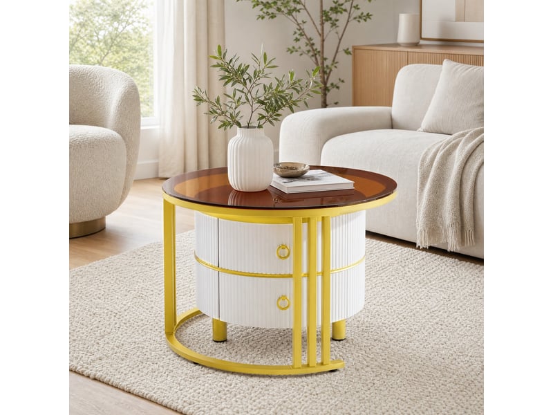 Lot de 2 tables basses rondes avec 2 tiroirs en mdf et verre trempé, blanc et marron  - Conforama B