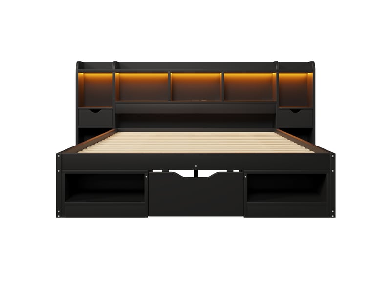  Lit adulte 140 x 200 cm, avec tête de lit dotée d'un espace de rangement, de tiroirs, d'une lampe led et d'un port usb, noir  - Conforama A
