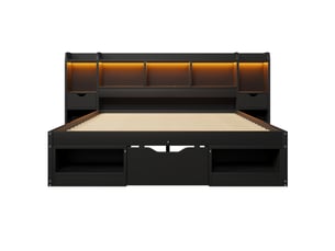 Lit adulte 140 x 200 cm, avec tête de lit dotée d'un espace de rangement, de tiroirs, d'une lampe led et d'un port usb, noir