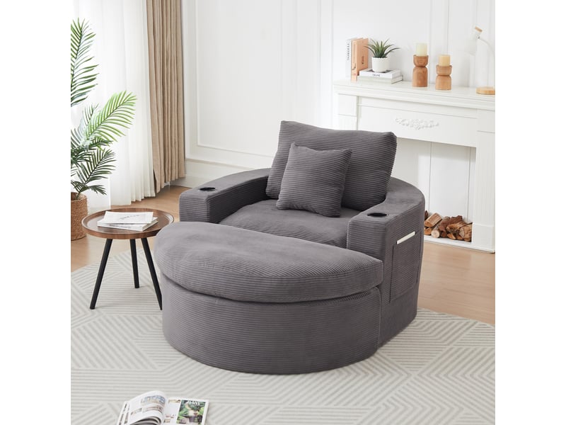  Fauteuil 1 places - 136x156x88 cm - fauteuil poire indépendant en velours côtelé avec ottoman, porte-gobelets - gris  - Conforama B