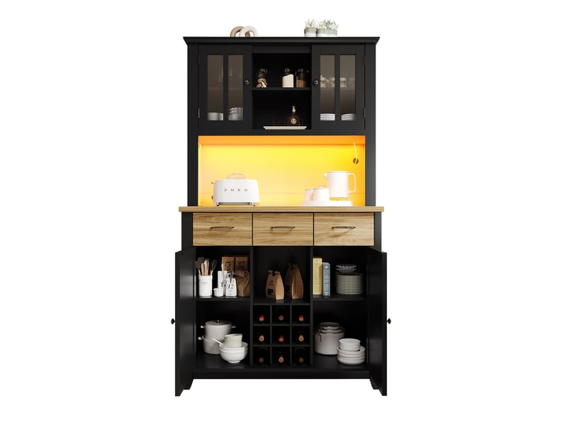Buffet haut 106x40x179.5cm, armoire cuisine avec led avec étagères réglables, grande capacité de rangement, style moderne - bois et noir evarich - Conforama A