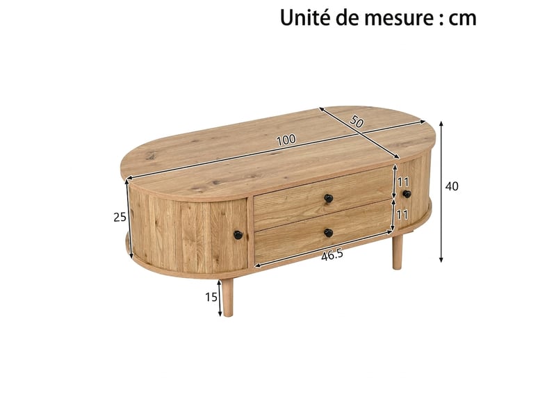  Table basse ovale avec portes coulissantes, 2 tiroirs, 100 x 50 x 40 cm, couleur chêne  - Conforama C