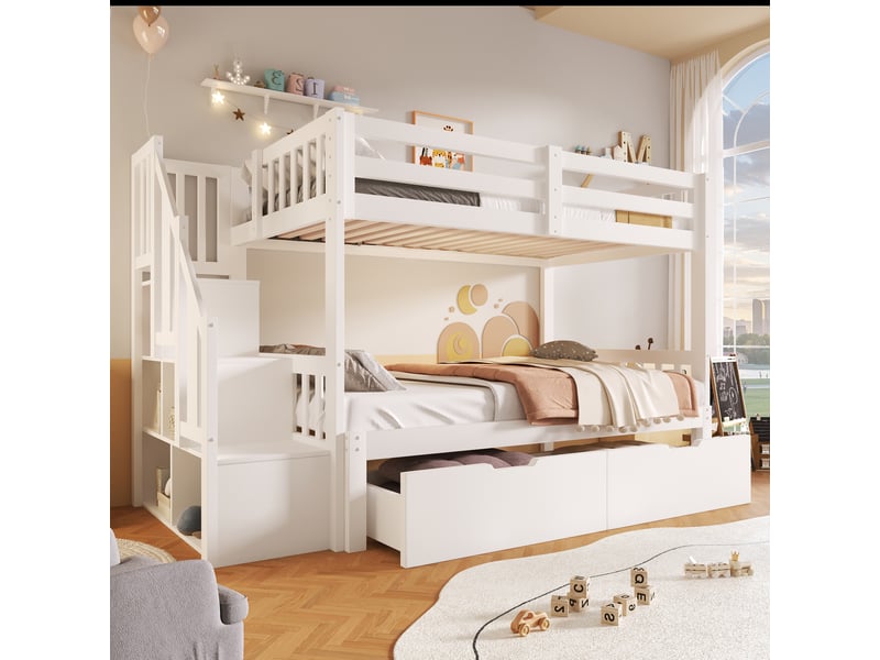  Lit superposé enfant 90x200 cm, 3 couchages, lit gigogne extensible 180x200 cm, 2 tiroirs, échelle réversible avec rangements, pin et mdf blanc  - Conforama B
