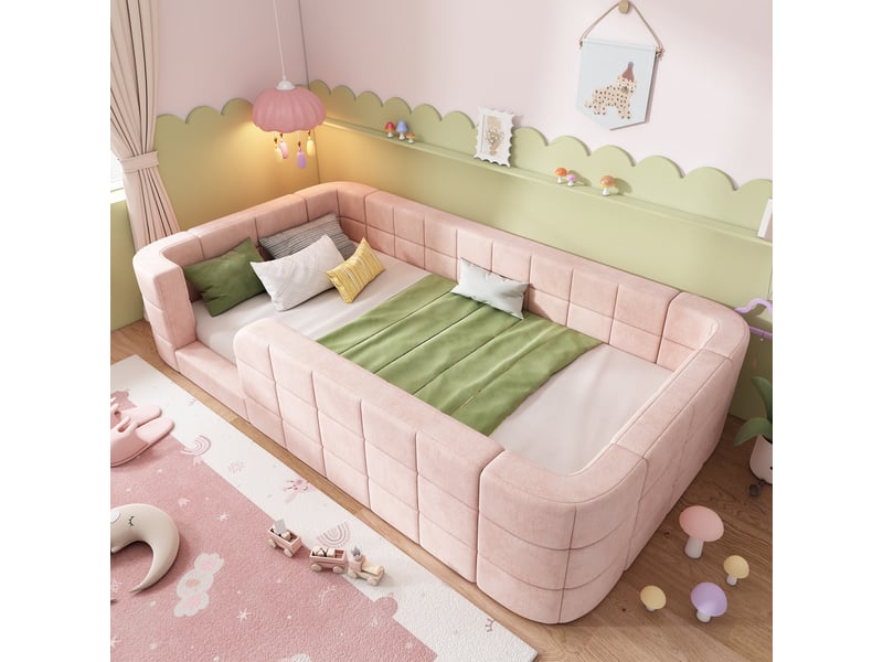  Lit enfant rembourré 90x190 cm en chenille avec barrières de sécurité, accès bas, design adapté aux enfants et sommier à lattes - rose Morn Vibe - Conforama E
