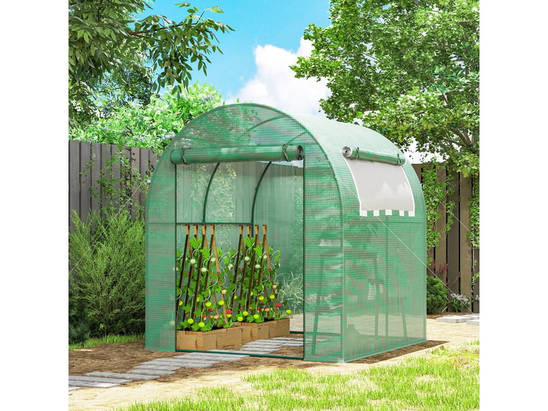  Serre de jardin 180x180x200 cm, petite serre tunnel avec porte enroulable et fenêtre en filet vert  - Conforama C