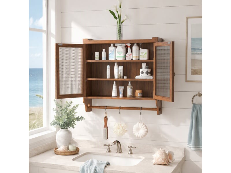  Armoire murale avec 2 portes vitrées et 3 étagères amovibles, porte-serviettes pour salle de bain, 63 × 60 × 18 cm  - Conforama D