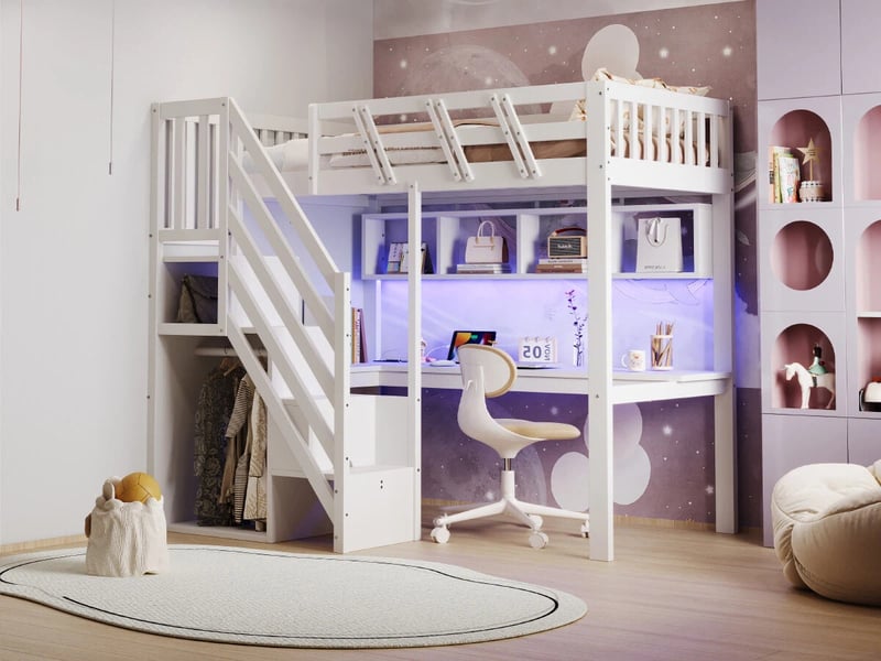 Lit mezzanine,90 x 200 cm,avec escalier et rangements intégrés, bureau, prise usb et éclairage led,blanc  - Conforama B
